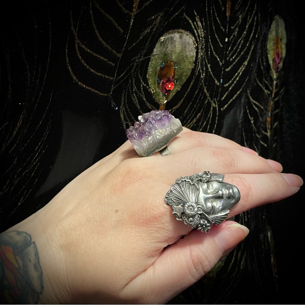 Natural Chunky Amethyst Druzy Crystal Silver Ring adjustable 925 - Picture 9 of 9